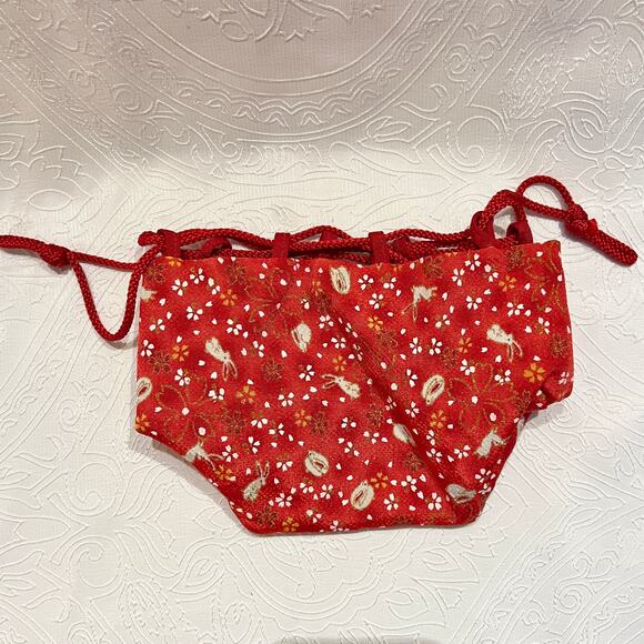 Japanese Drawstring Bento Kinchaku Bag Chirimen Crepe Fabric Red Sakura Rabbit - Picture 2 of 4